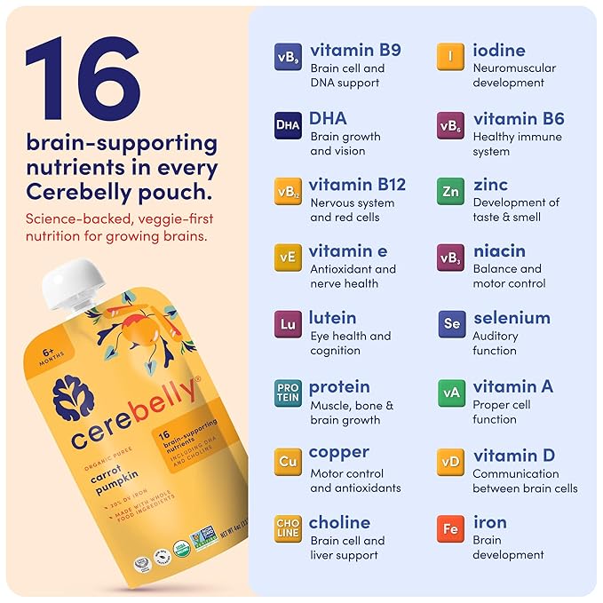 Cerebelly Organic Baby Food Pouches, Carrot Pumpkin Purees, 16 Nutrients, No Added Sugar, Fiber & Non-GMO, 4oz, 12 Pack