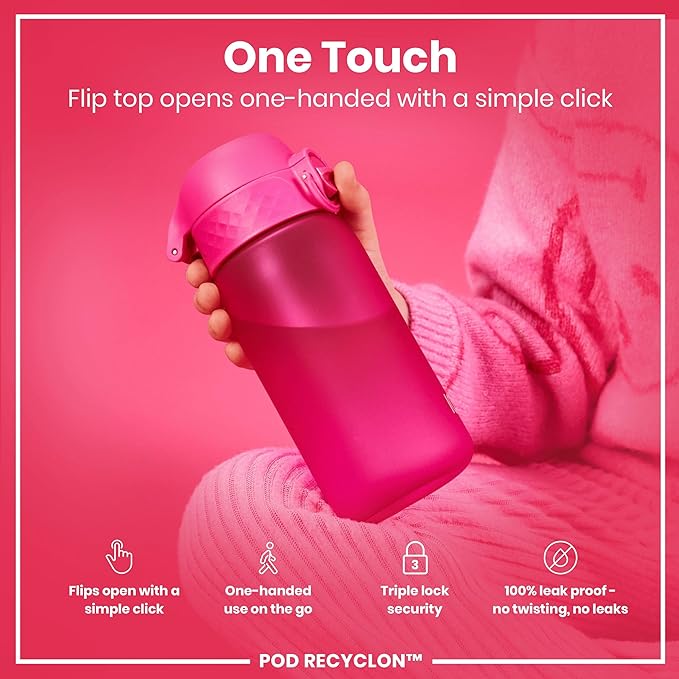 Ion8 Small Water Bottle, 350 ml/12 oz, Leak Proof, Easy to Open, Secure Lock, Dishwasher Safe, BPA Free, Carry Handle, Hygienic Flip Cover, Easy Clean, Odor Free, Carbon Neutral, Hot Pink
