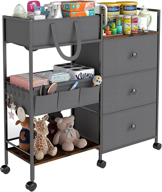 3-Tier Baby Diaper Caddy Organizer and Storage Cart, Baby Essentials with 2+2 Dividers and 3 Drawers, Large Capacity Rolling Cart for Nursery Storage, Diaper Caddy Cart for Crib, Bedroom, Bathroom