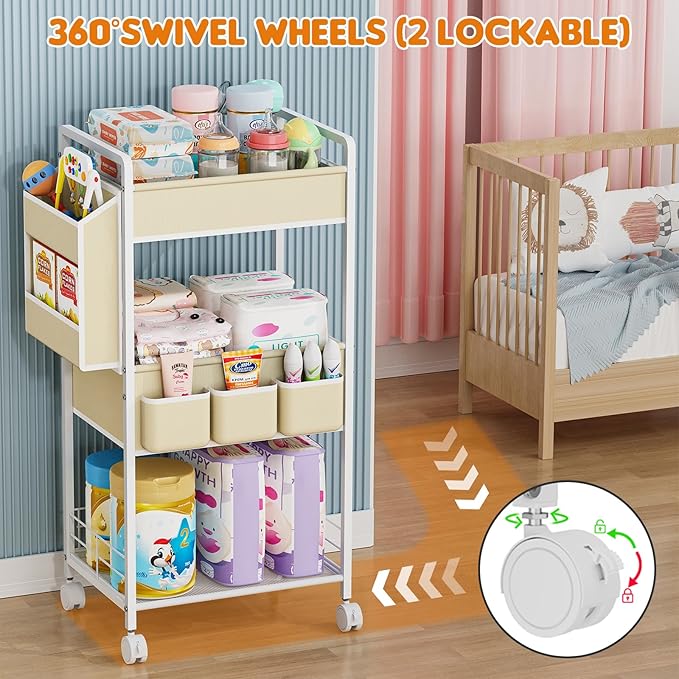 Diaper Cart Rolling Storage, 3-Tier Nursery Organizer with Removable Diaper Caddy, Mobile Metal Caddy for Baby Wipes & Toys, Small Utility Cart for Tight Spaces