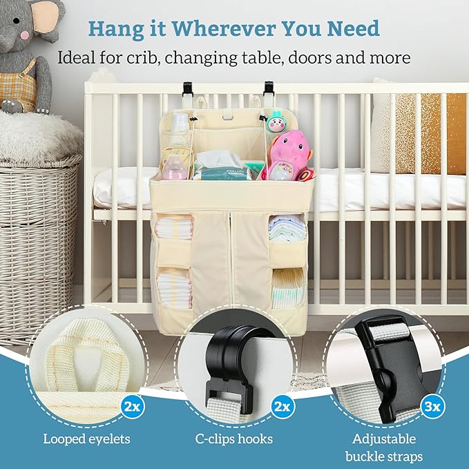 Hautton Hanging Diaper Caddy Organizer, Hanging Diaper Organizer for Changing Table and Crib, Diaper Changing Station Organizer Storage for Nursery Baby Stuff, Shower Gift for Newborn New Mom -Beige
