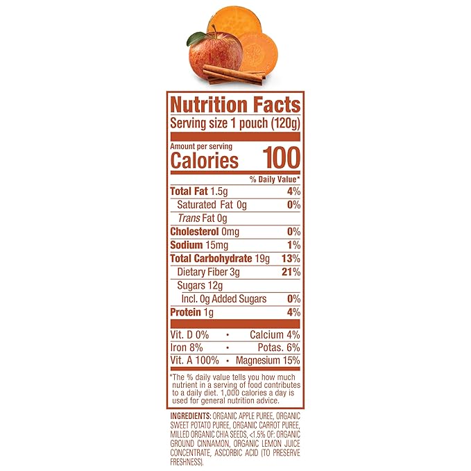Happy Tot Organic Stage 4 Super Foods, Apples, Sweet Potatoes, Carrots & Cinnamon + Super Chia, 4.22 Ounce (Pack of 8) (Packaging May Vary)