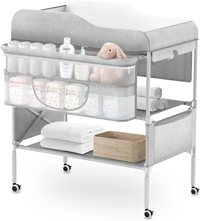 Portable Baby Diaper Changing Table, Foldable Diaper Changing Station, Waterproof Changing Table Height Adjustable Changing Station for Infant and Nursery, Mobile Changing Station