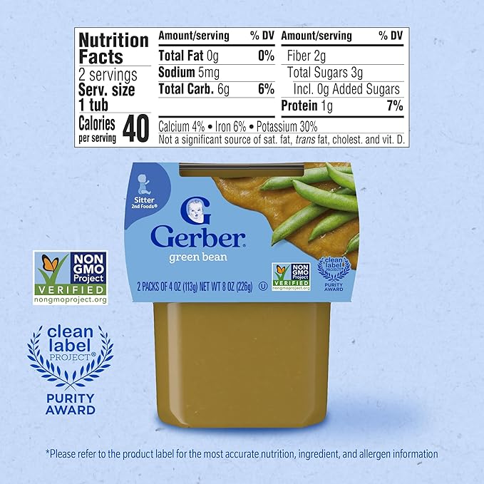 Gerber Stage 2 Baby Food, Green Beans Puree Tubs, No Added Salt, No Artificial Colors or Flavors, Baby Puree, 16-Pack