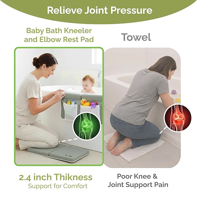Wobbi Baby Bath Kneeler and Elbow Rest Pad Set - 1.5" Thick Memory Foam Knee Pad for Bathing Babies - 6 Suction Cups Non Slip Bath Kneeling pad with Toy Storage - Foldable & Quick Drying (Green)