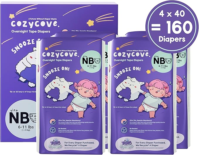 Cozycove Newborn (6-11 lbs) Diapers, 160 Count, Totally Chlorine Free, Skin-Friendly Material | Snooze On Slim Overnight Tape Disposable Diapers | 4 Bags of 40