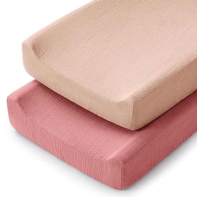 Comfy Cubs Muslin Fitted Changing Pad Cover Pack of 2, Dusty Rose and Blush - Soft, Breathable & Washable 100% Cotton Fitted Sheet for Baby's Comfort - Universal Fit for Flat & Curved Baby Changer Pad