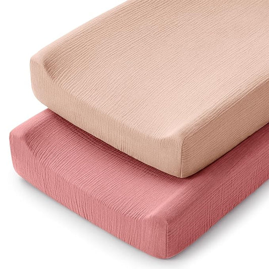 Comfy Cubs Muslin Fitted Changing Pad Cover Pack of 2, Dusty Rose and Blush - Soft, Breathable & Washable 100% Cotton Fitted Sheet for Baby's Comfort - Universal Fit for Flat & Curved Baby Changer Pad