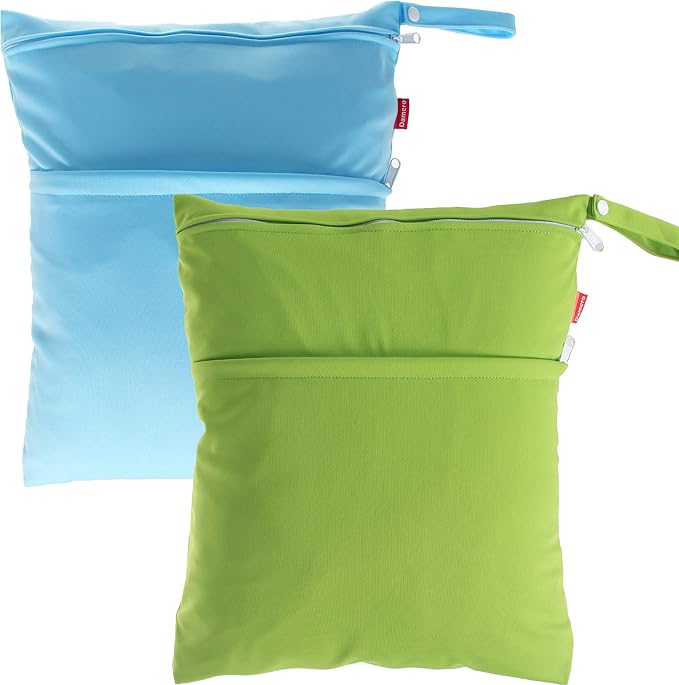Damero 2pcs Pack Cute Travel Baby Wet and Dry Cloth Diaper Organizer Bag(Large, Green+Light Blue)