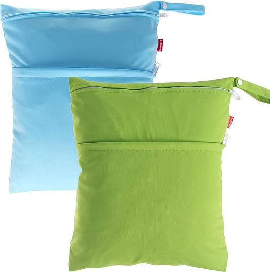 Damero 2pcs Pack Cute Travel Baby Wet and Dry Cloth Diaper Organizer Bag(Large, Green+Light Blue)