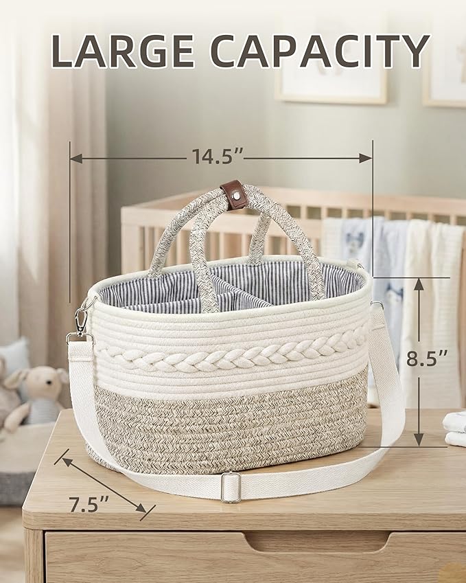 Baby Diaper Caddy Organizer With Handle, Cotton Rope Baby Shower Basket, Large Diaper Caddy with Shoulder Straps for Newborn Parents, Home and Car Travel, 14.5"x8.5"x7.5