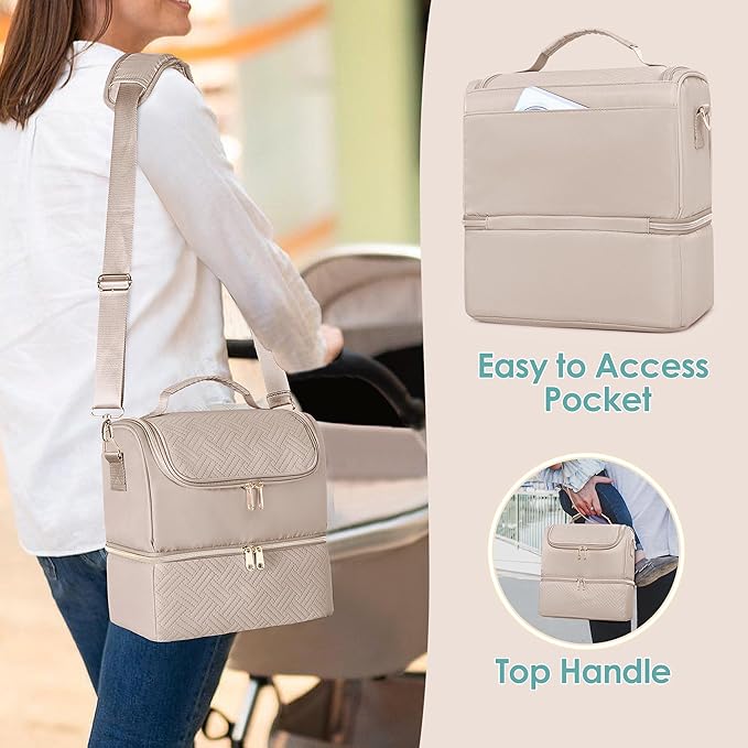 Fasrom Breast Pump Bag with Cooler Compartment Compatible with Momcozy, Medela and Willow Hands Free Pump, Pumping Tote with Waterproof Mat, Camel