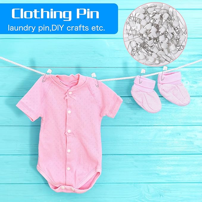 Xinjoduz 100 Pieces Diaper Pins for Cloth Diapers, 1.6 Inch Plastic Head Baby Safety Pins with Locking Closures Stainless Steel Large Diaper Nappy Pin Heavy Duty (White)