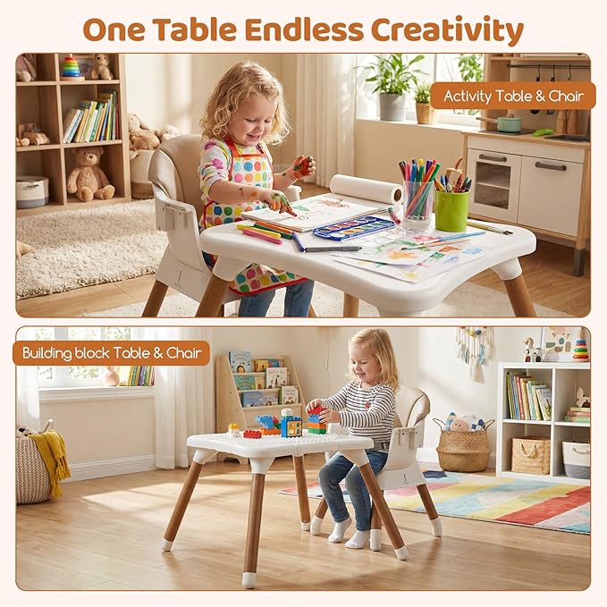 INFANS Baby High Chair, 9 in 1 Convertible Highchair for Babies and Toddlers, Building Block Table Dining Booster Seat Activity Desk Kids Stool with Adjustable Removable Tray (Beige)