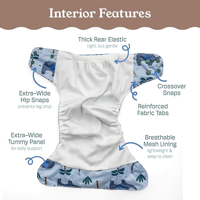 Kinder Cloth Diapers Reusable Baby Diapers Pocket Style Athletic Wicking Jersey, Bamboo Viscose Inserts Wet Bag, Newborn to Potty Training 7-60lbs, One Size (Safari Friends, 10 Pack, with Inserts)
