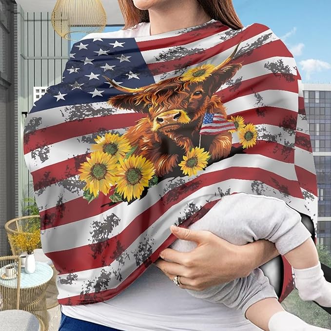 Belidome 4th of July Nursing Cover Up for Breastfeeding American Flag Nursing Cover Up Patriotic Carseat Canopy Highland Cow Sunflower Baby Girls Stuff