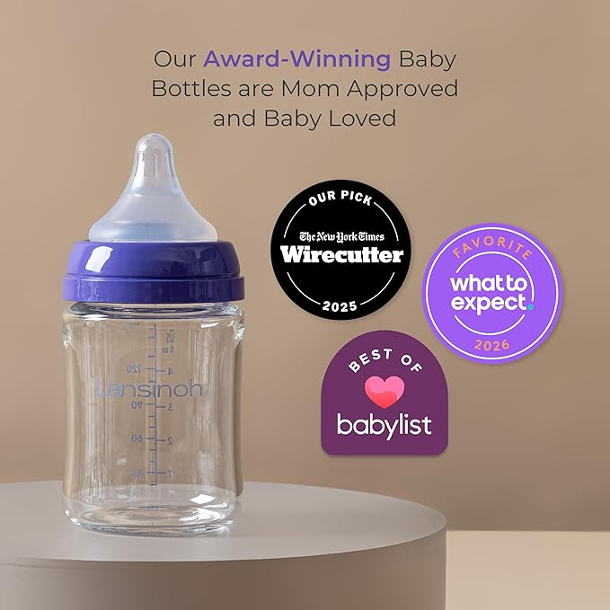 Lansinoh Anti-Colic Glass Baby Bottles, 5 Ounces, 4 Count, Includes 4 Extra Slow Flow Nipples (Size XS, Newborn), Baby Essentials