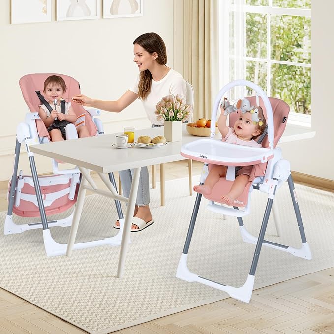 INFANS High Chair for Babies and Toddlers, Foldable Highchair with 7 Different Heights 4 Reclining Backrest Seat 3 Setting Footrest, Removable Tray Built-in Rear Wheels with Locks