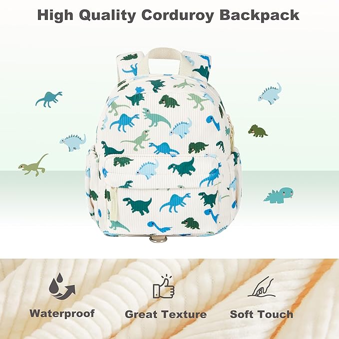 Corduroy Toddler Backpack with Detachable Leash and Anti-Lost Wrist Link, Safety Harness Walking Backpack for Toddler Boys Girls 1-3, Cute Dinosaur Travel Backpack with Leash for Kids