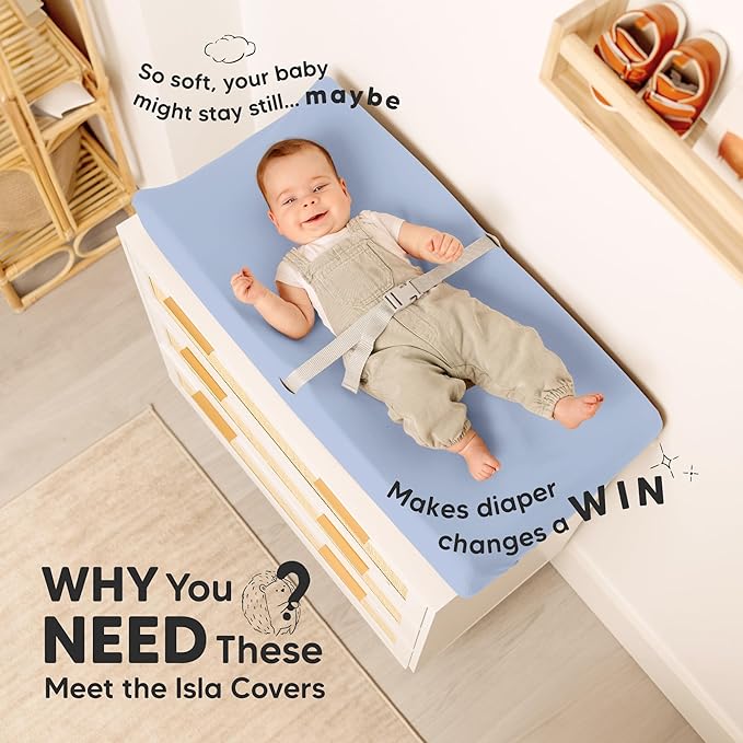 2-Pack Baby Changing Pad Cover for Girl, Boy - 34x18 Soft Viscose Derived from Bamboo Baby Diaper Changing Table Pad Cover Sheets, Neutral, Snug Fit Nursery Diaper Change Sheets (Blue Flax)
