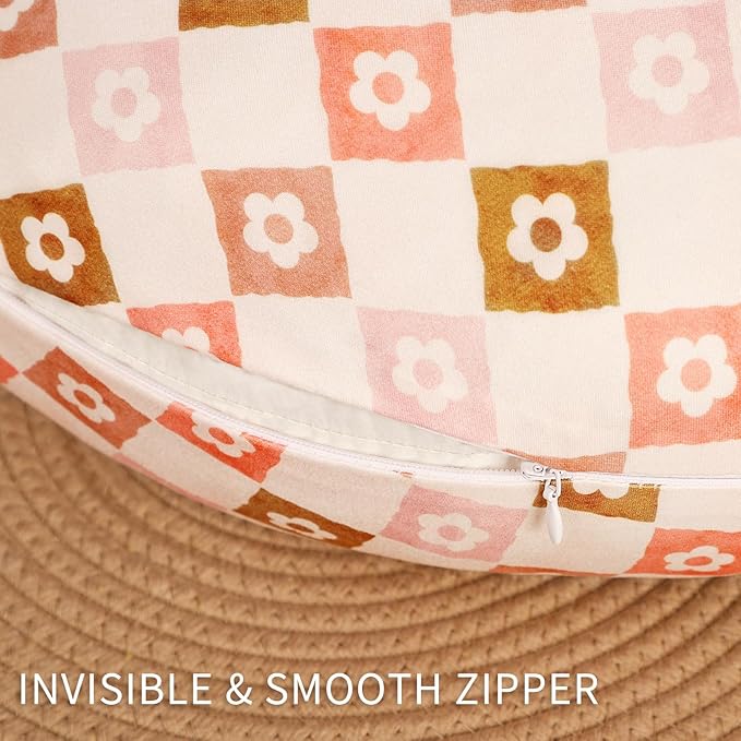 Nursing Pillow Covers 2 Pack, Orange Minky Dots Breastfeeding Pillow Slipcover for Baby Boys Girls, Ultra Comfortable Nursing Pillow Protector, Soft and Machine Washable, Flower Checkerboard