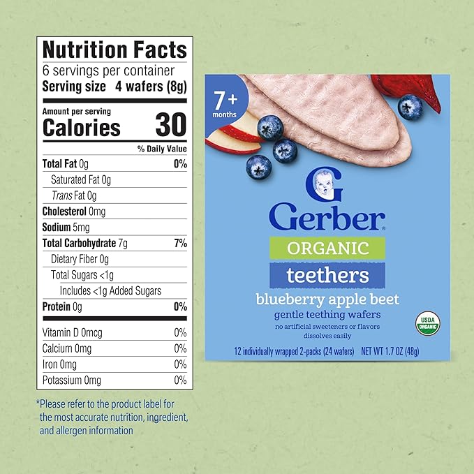 Gerber Teethers, Blueberry Apple Beet Organic Teething Wafers, Baby Teething Snacks, 6PK