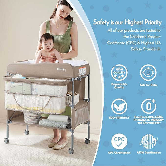 Sweeby Portable Baby Changing Table, Foldable Diaper Changing Station with Waterproof Pad, Mobile Nursery Organizer for Infant & Newborn Essentials, Light Khaki, Standard