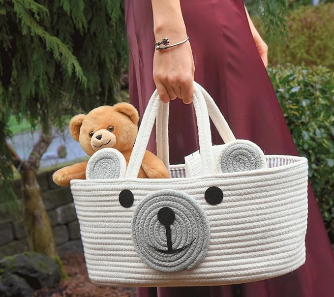 Home & Tots Baby Diaper Caddy Organizer, Cotton Rope Nursery Storage Basket for Diapers, Wipes & More, Gift for Baby Shower, Portable Organizer for Changing Table, Bear Design (Large Size - White)
