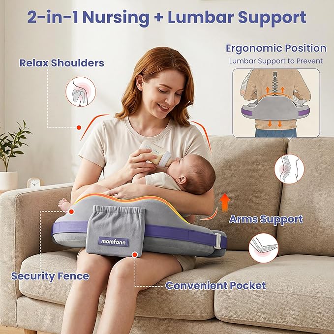 MOMFANN Nursing Pillow for Breastfeeding, 60D Firm Memory Foam, Ergonomic Lumbar Support & Safety Fence, Wider Cushion for Back Pain Relief, Adjustable Strap, Removable Machine Washable Cover -Gray