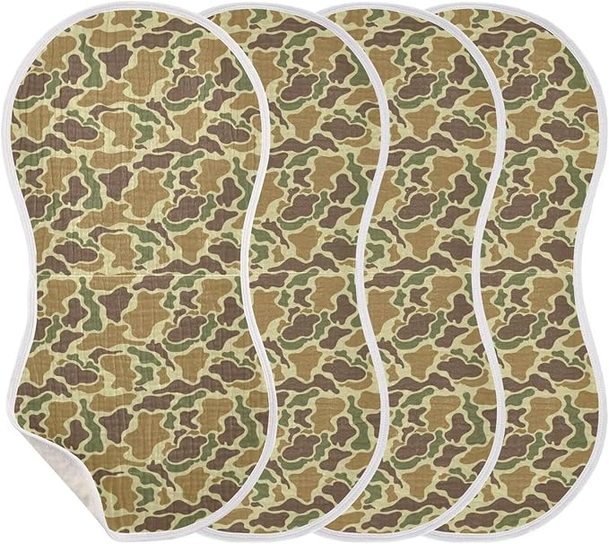 Baby Muslin Burp Cloths Set of 4 Vintage Camo Green Muslin Washcloths Camouflage Retro Brown Army Milk Spit Up Rags Soft Newborn Towel Burp Cloth Bib for Unisex Boys and Girls, 22 x 11 Inch