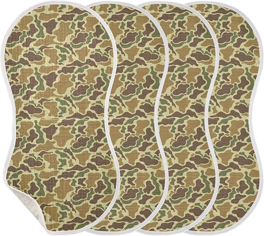 Baby Muslin Burp Cloths Set of 4 Vintage Camo Green Muslin Washcloths Camouflage Retro Brown Army Milk Spit Up Rags Soft Newborn Towel Burp Cloth Bib for Unisex Boys and Girls, 22 x 11 Inch