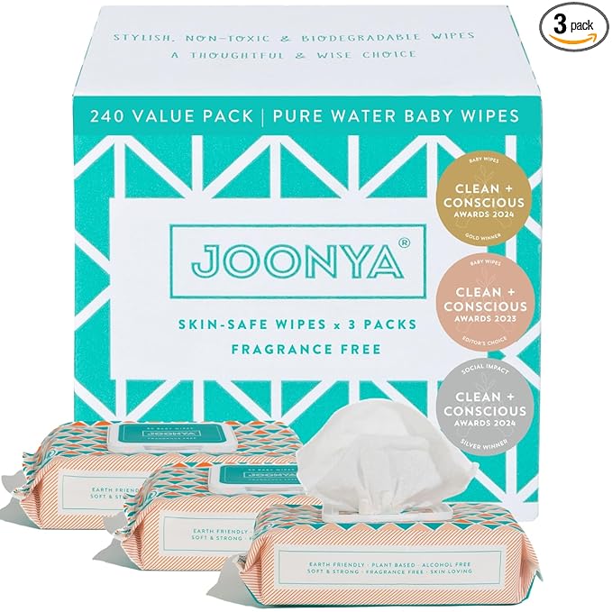 JOONYA Unscented Baby Wipes — Plant-Based, Fragrance-Free Bulk Diaper Wipes | Hypoallergenic, Non-Toxic & Biodegradable Wet Wipes for Sensitive Newborn Skin | 3 Packs of 80 (240 Total)