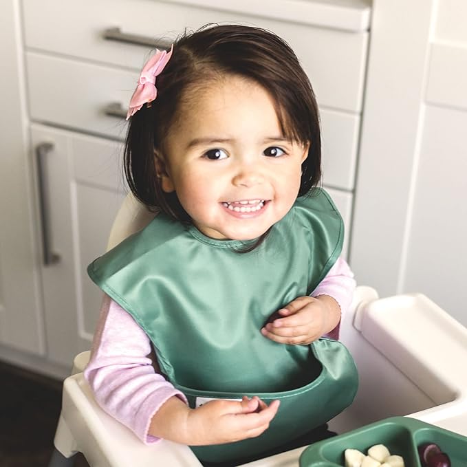 Tiny Twinkle Mess-Proof Baby Bibs for Eating | Waterproof, Wipeable Toddler Bibs with Catch-All Pocket | Feeding Bibs for Girls & Boys(3 Pack,Slate, Olive)