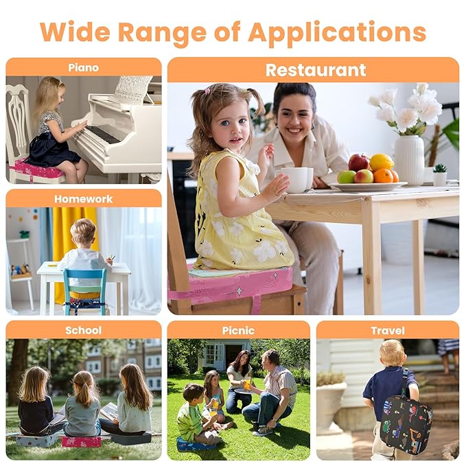 Toddler Booster Seat for Dining Table, 4" Kids Booster Seat for Kitchen Chair with Non-Slip Bottom, Portable Detachable Washable Increasing Cushion with 2 Adjustable Straps (Excavator)