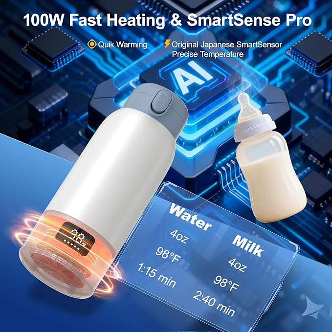 Portable Bottle Warmer for Travel, 45W Quick Charge, 100W Fast Heating Baby Bottle Warmer with 17oz Large Capacity Portable Milk Warmer, 10400mAh for On-the-Go Use with Formula, Breast Milk, Water