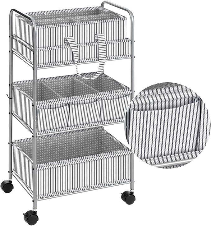 WILLBOND 2 in 1 Baby Diaper Caddy Organizer Cart, 3 Tier Large Stripe Bedside Rolling Cart Metal for Baby Essential with Divider for Newborn Registry Must Have Nursery Bedroom Mother Gift(Gray)