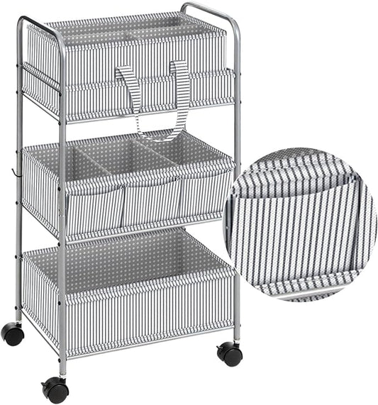 WILLBOND 2 in 1 Baby Diaper Caddy Organizer Cart, 3 Tier Large Stripe Bedside Rolling Cart Metal for Baby Essential with Divider for Newborn Registry Must Have Nursery Bedroom Mother Gift(Gray)