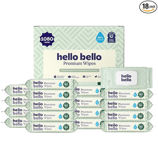 Hello Bello Premium Wipes, Designed for Sensitive Skin with Chamomile & Aloe Extracts, Simply Sage (18 Resealable Packets = 1080 Total Wipes)