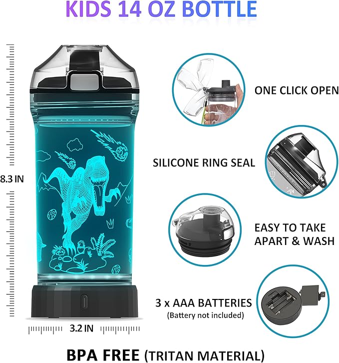 Attivolife Kids Water Bottle Light up Dinosaur, Jurassic Cup 3D Illusion Glowing Lamp-14 OZ Dino BPA Free Eco-Friendly Timer Function, Cool Unique Gifts for Boy Girl Toddler Camping