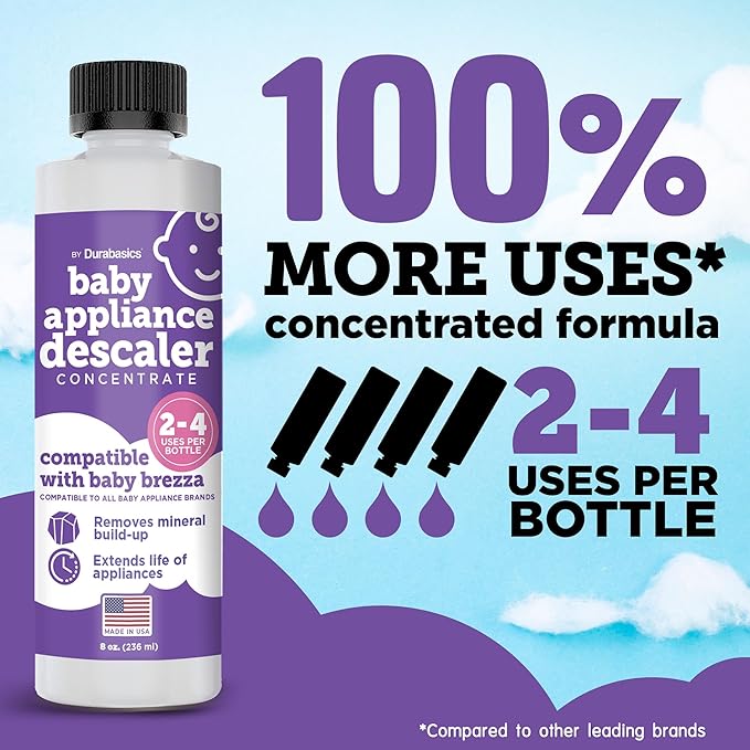 Durabasics [2 Pack] Baby Bottle Sterilizer Descaler – Compatible with Baby Brezza Sterilizers – Citric Acid Formula, Odorless, Helps Remove Mineral Buildup – Made in USA – 16oz