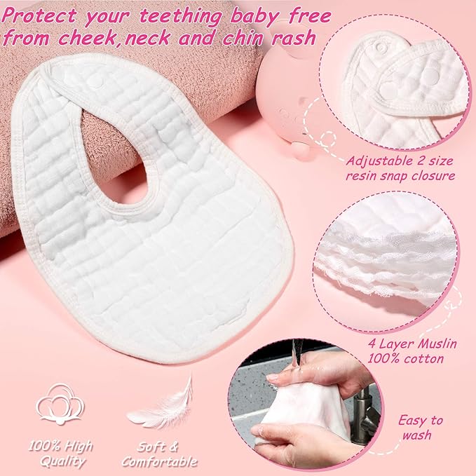 Tatuo 10 Pcs White Muslin Baby Bibs Bulk Adjustable Drool Bandana for Newborn Baby Boy Girl Cotton Soft Absorbent Bandana Bibs for Drooling and Teething Machine Washable