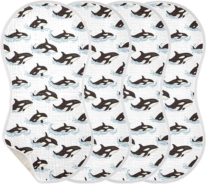 Muslin Burp Cloths for Baby Boys and Girls - 4-Pack Ultra Absorbent Killer Whale Orca Muslin Washcloths, Newborn Towel, Milk Spit Up Rags, Burp Cloth Bib for Unisex, 22 x 11 Inch