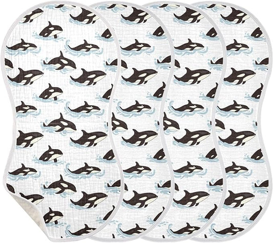 Muslin Burp Cloths for Baby Boys and Girls - 4-Pack Ultra Absorbent Killer Whale Orca Muslin Washcloths, Newborn Towel, Milk Spit Up Rags, Burp Cloth Bib for Unisex, 22 x 11 Inch