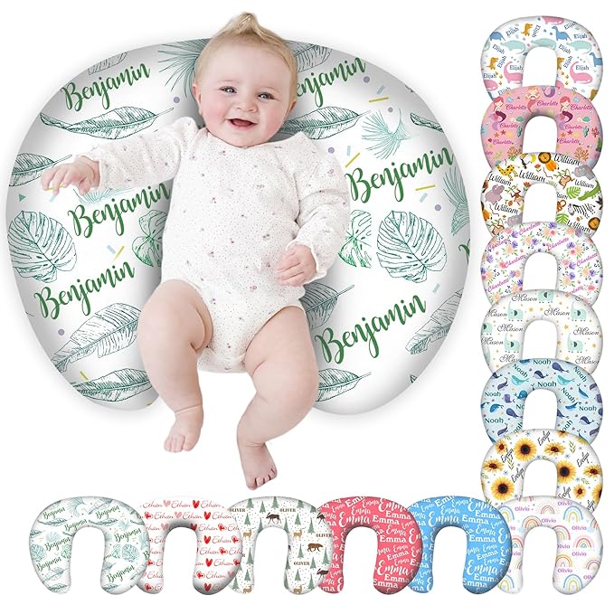 Personalized Baby Nursing Pillow Cover Custom with Name, Leaf Theme Customized Boy & Girl Gifts
