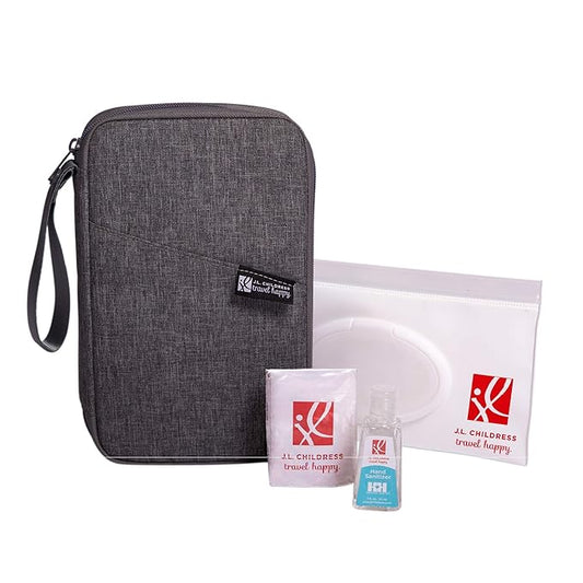 J.L. Childress Healthy Habits On-The-Go Clutch with Baby Wipes Case, Hand Sanitizer, Travel Tissues - Organize and Carry PPE - Baby Wipes Container - Travel Clutch and Organizer - Dark Grey