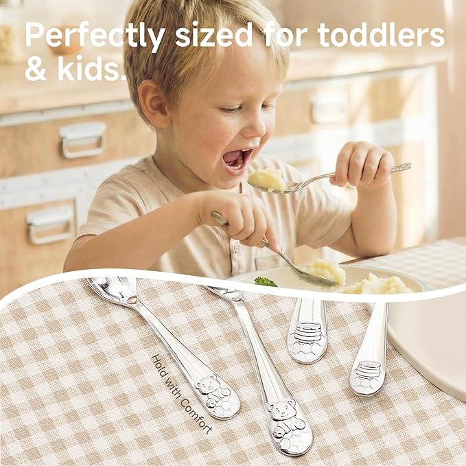 KINGSTONE Kids Silverware Set, 6-Piece Large Forks & Spoons, 18/10 Stainless Steel, Ergonomic Flatware for Self-Feeding Children, Home & Travel, Honey Bear Print