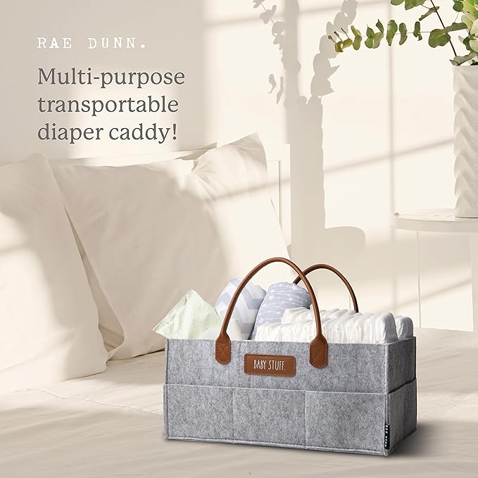 Rae Dunn Baby Diaper Caddy Organizer, Nursery Storage for Changing Table and Car, Portable Basket for Items, Shower Gifts, Grey Felt With Leather Handles, Large