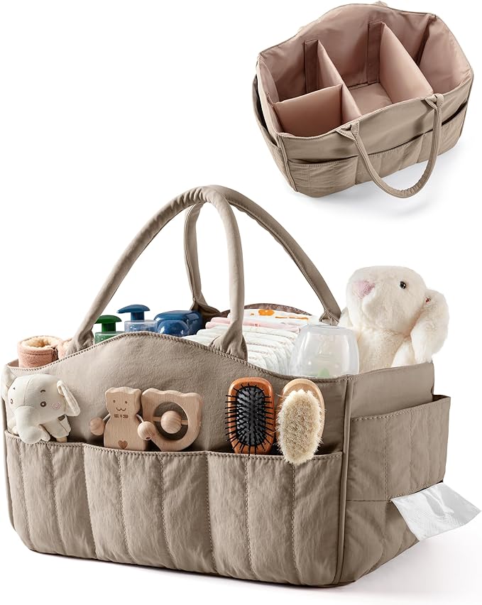 Marscamd Quilted Baby Diaper Caddy with Detachable Dividers and Wipes Pocket, Lightweight Baby Caddy Organizer with Handles and 8 Pockets for Baby Stuff, Camel