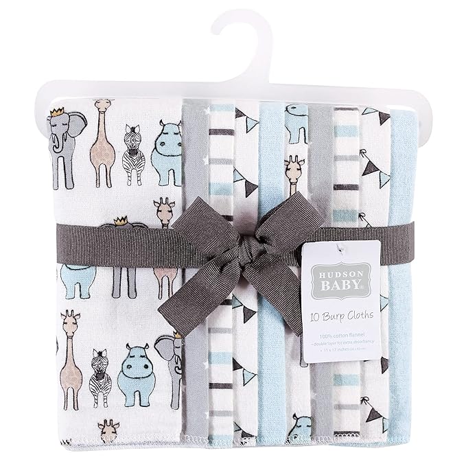 Hudson Baby Unisex Baby Cotton Flannel Burp Cloths, Blue Royal Safari, One Size