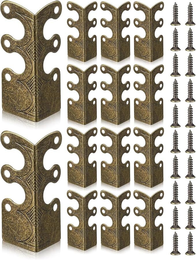 14 Pcs Solid Brass Corner Protectors for Baseboard and Furniture, Vintage Style Decorative Edge Guards with Screws for Skirting Board, Table, Bookshelves & Wall Protection (Bronze)